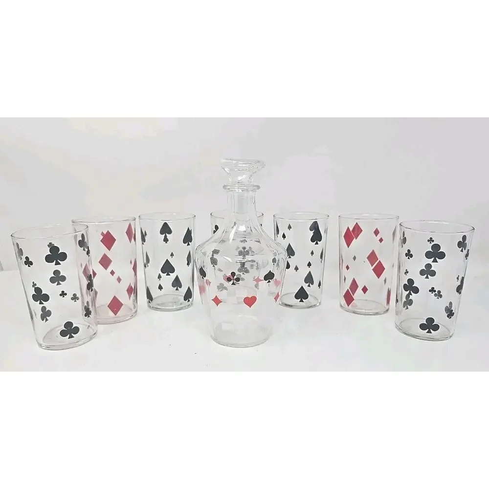Vintage Juice Glasses‎ Lot of 8 Card Decanter with Glasses U186